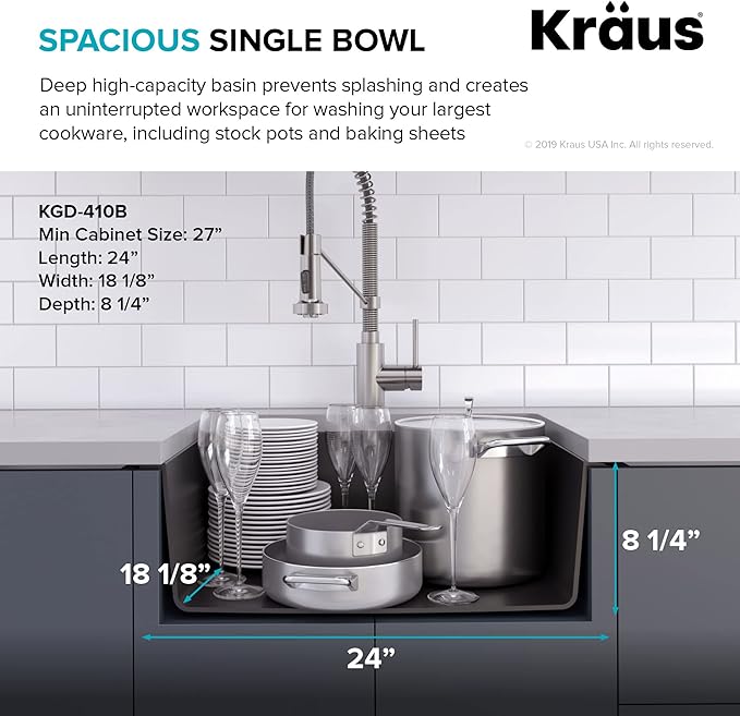KRAUS Quarza 24-inch Kitchen Sink Drop-In/Undermount Single Bowl Granite Kitchen Sink Black Onyx, KGD-410B