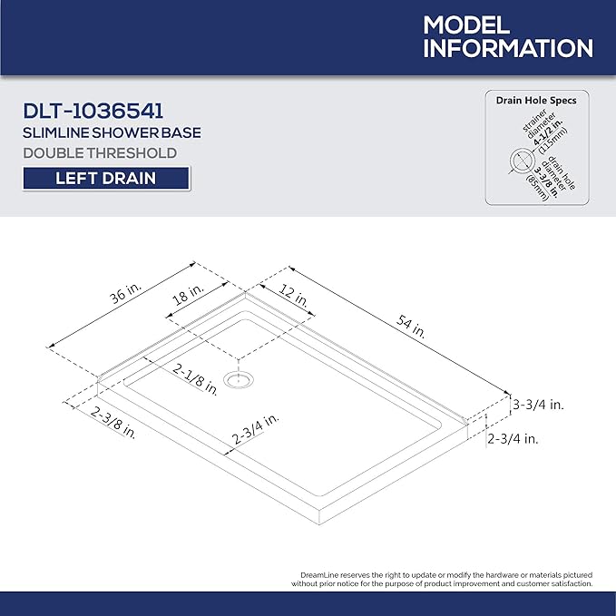 DreamLine SlimLine 36 in. D x 54 in. W x 2 3/4 in. H Left Drain Double Threshold Shower Base in White, DLT-1036541