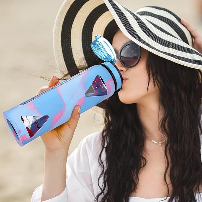 GOPPUS Glass Water Bottles with Straw and Flip Lid, Motivational Water Bottles with Time Marker Reminder and Silicone Sleeve, Leakproof, BPA Free (32 oz, Light Blue and Pink)