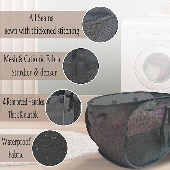 Extra Large Mesh Pop Up Laundry Hamper 2 Pack,100L Collapsible Laundry Baskets, Dirty Clothes Hamper with Reinforced Handles, Folding Hampers for Travel, Nursery, Dorm or Home. Black