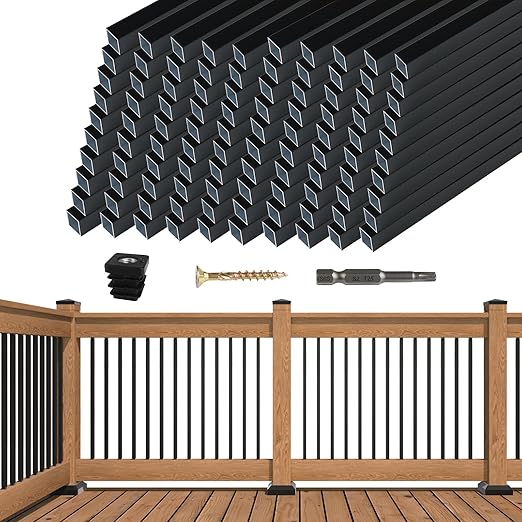 Muzata 100Pack 26" x3/4" Aluminum Deck Balusters Square Baluster Deck Railing Black Hollow Spindles with Screws for Railing Fencing Porch WT12