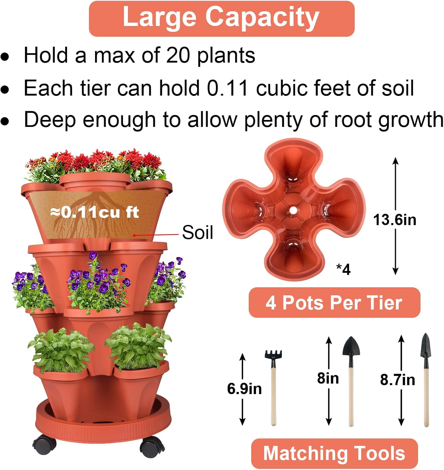 Vertical Planter 4 Tier Stackable Planters Garden Planters Strawberry Herb Flower and Vegetable Planter Indoor Outdoor Gardening Pots with Removable Wheels and Tools 2-Pack