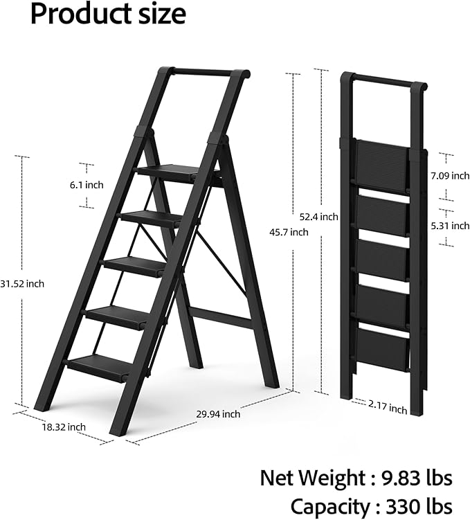 5 Step Ladder, Lightweight Folding Step Stool with Convenient Handgrip,Aluminum 330lbs Capacity Step Ladder for Office,Household,Kitchen(Black)