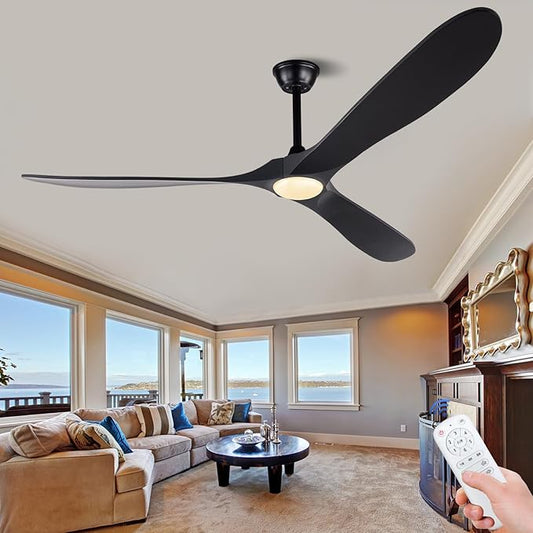 BOJUE 72 Inch Black Ceiling Fans with Lights and Remote Control, Indoor Outdoor Ceiling Fan, Wood Ceiling Fan flush mount with 3 Wood Blade for Bedroom Patio Living Room (Black Blades)