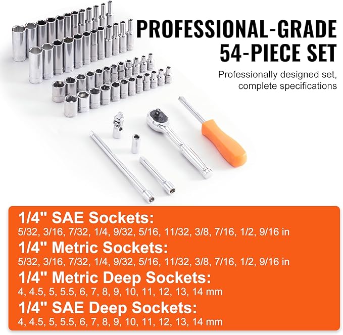 VEVOR Socket Set, 1/4 Inch Drive Socket and Ratchet Set, 6-Point Socket Opening, 54 Pieces Tool Set SAE and Metric, Deep and Standard Sockets, 5/32-9/16 in, 4-14 mm, with Accessories, Storage Case