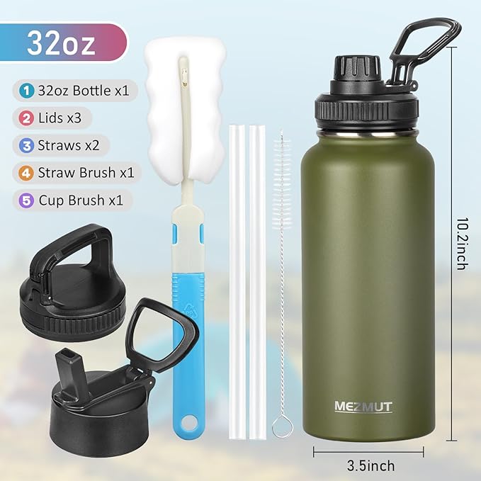 Stainless Steel Water Bottles 32oz Insulated Water Bottle with Straw&3 Lids Double Walled Sports Metal Thermos Water Bottle Cup Leak-Proof Vacuum Insulated Bottles Travel (Army Green)