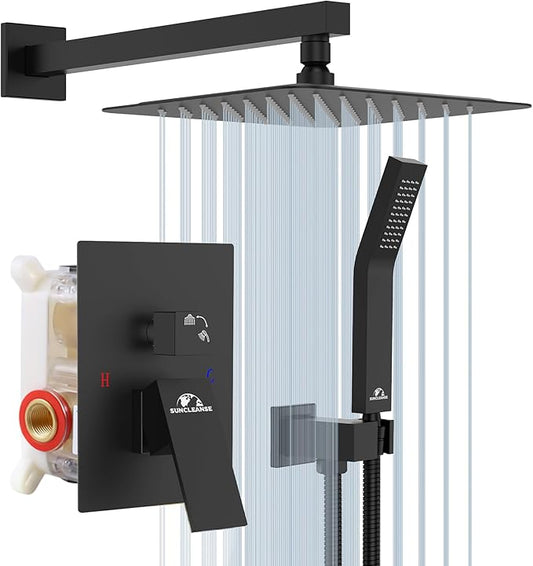SunCleanse Shower System Rainfall Shower Faucets Set Matte Black, 10 Inch Wall Mounted Rain Shower Head with Handheld Spray Shower Valve and Trim Included