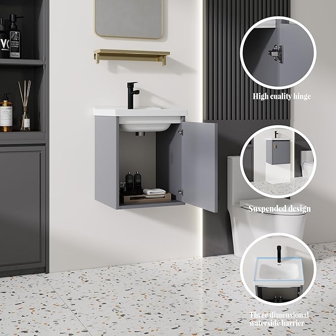 16'' Bathroom Vanity with Ceramic Sink Combo, Wall Mounted Small Bathroom Vanity with Soft-Close Door Modern Floating Cabinet, Pop-up Drain, P-Trap Included, Gray(No Faucet)