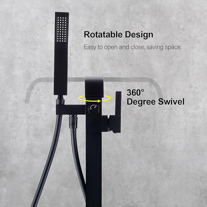 BAGNOLUX Solid Brass Floor Mount Bathtub Faucet Free Standing Tub Faucet Freestanding Tub Filler Matte Black High Flow Rate Swivel Spout with Hand Shower, ‎YGSLT-FANG-BLACK