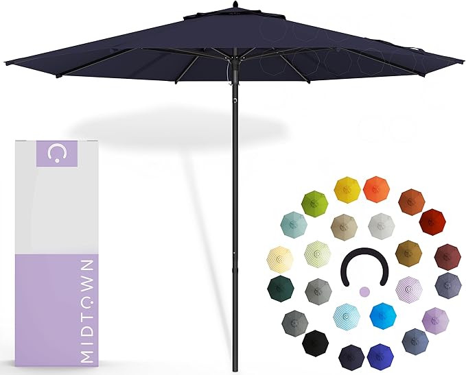 Midtown Umbrellas Push and Pop 10 Feet Outdoor Umbrella, Navy Blue Polyester Fabric - Fiberglass Ribs Deck Patio Umbrella, Backyard Umbrella, Garden Umbrella & Pool Umbrella - Black Pole