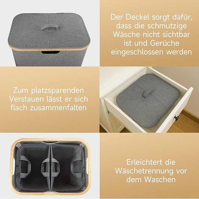 145L Double Laundry Basket with Lid, 2 Section Dirty Clothes Hamper with 2 Removable Bags for Bedroom, Bathroom, Dorm, Gray