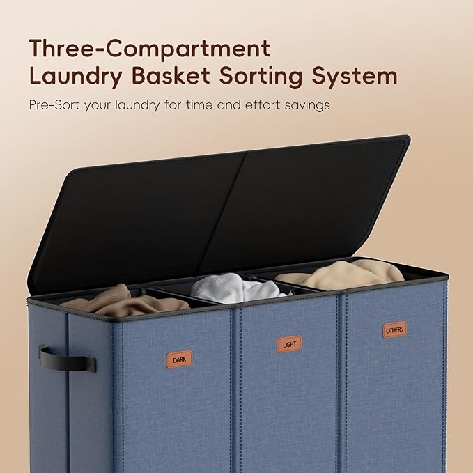 185L Laundry Hamper 3 Section, Laundry Hamper with Lid, Dirty Clothes Hamper with 3 Removable Washing Bags, Extra Large Laundry Basket Organizer for Bedroom, Laundry Room, Dorm - Navy Blue