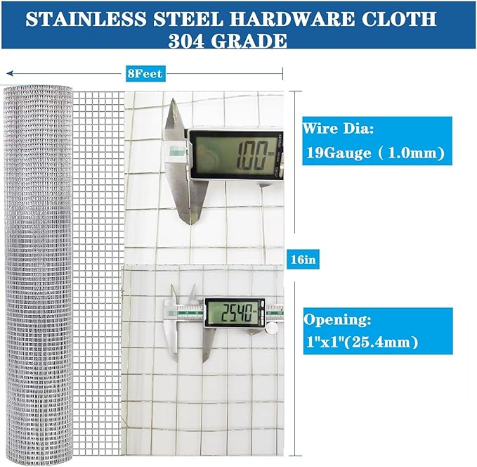Stainless Steel Hardware Cloth Size:19Gauge 1inch 16inchx8Feet 304 Stainless Steel Welded Wire Mesh Supports Poultry Netting Cage Fence,Keep The Animals Out, Protecting New Plants