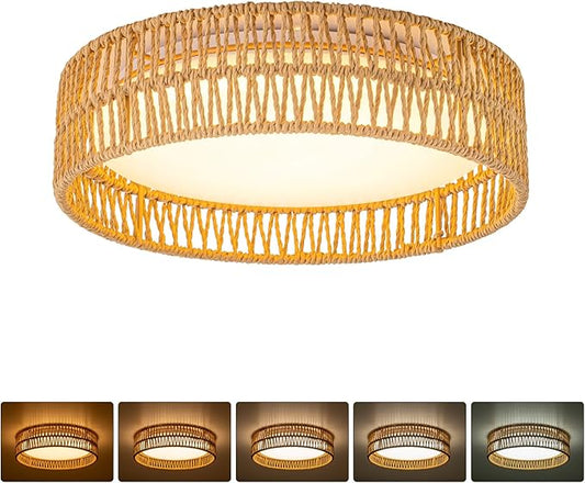 SineRise 12" Flush Mount Ceiling Light,25W LED Rattan Ceiling Light Fixture,Dimmable Handmade Boho Light Fixtures with Rattan,Farmhouse Lighting Fixtures Ceiling for Hallway Kitchen Bedroom(Gold)