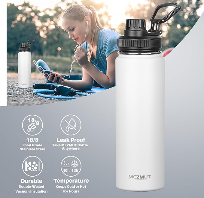 Insulated Water Bottle 24oz Stainless Steel Water Bottles with Straw&3 Lids Sports Metal Water Bottle Thermos Cup Double Walled Vacuum Insulated Bottles Leak-Proof Travel(White)