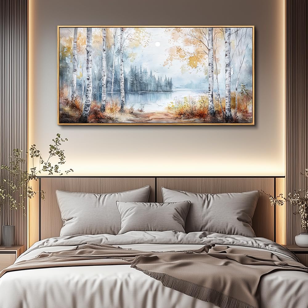 PHAOHUAXM Large Canvas Wall Art For Living Room Wall Decor For Bedroom Office Decorations Trees Forest Landscape Painting Lake view Wall Pictures Modern Room Home Decor Artwork Wood Framed 24x48 In