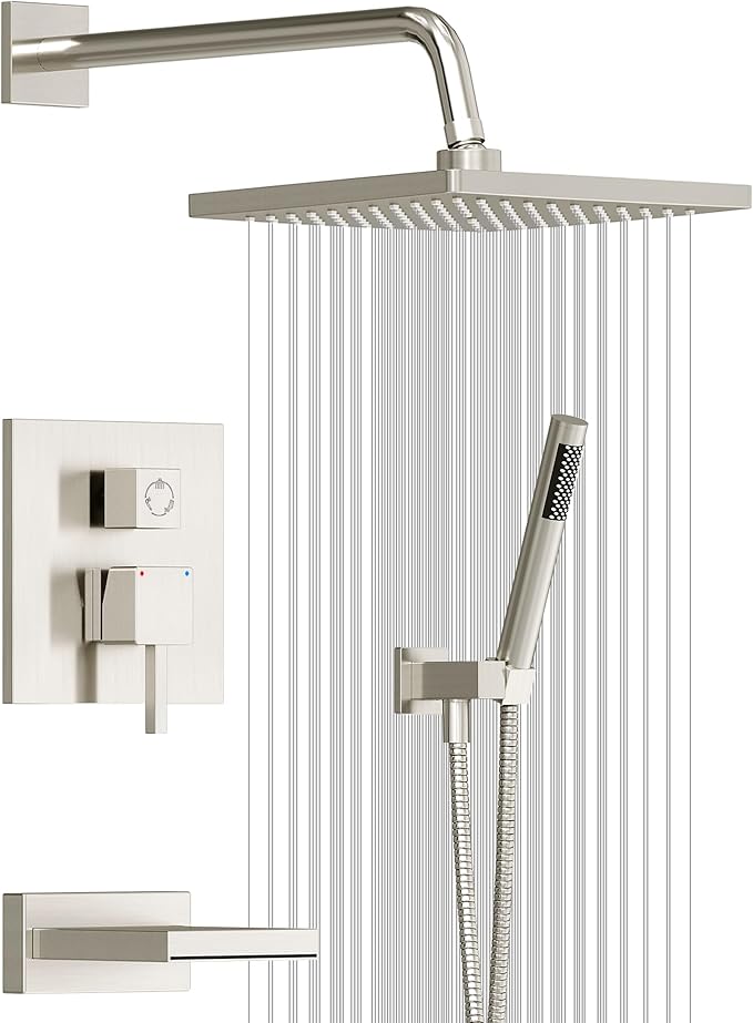 Esnbia Shower System with Tub Spout, Wall Mounted Bathtub Shower Faucet Set, 10 Inch Rain Shower Head and Handheld Shower Head Set, High Pressure Tub Shower Kit with Shower Valve, Brushed Nickel