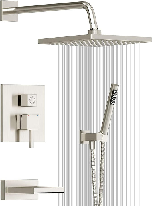 Esnbia Shower System with Tub Spout, Wall Mounted Bathtub Shower Faucet Set, 10 Inch Rain Shower Head and Handheld Shower Head Set, High Pressure Tub Shower Kit with Shower Valve, Brushed Nickel