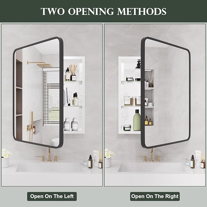 WallBeyond Bathroom 22x28 Inch Black Recessed Medicine Cabinet with Round Corner Aluminum Alloy Metal Framed, Single Door Modern Medicine Cabinet with Storage