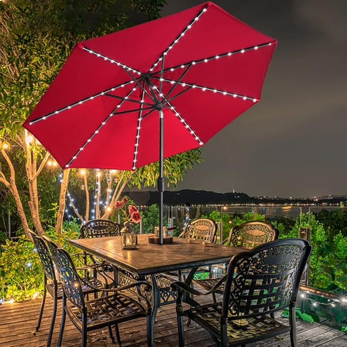 EliteShade USA 10-Year-Non-Fading Solar 9ft Market Umbrella with 80 LED Lights Patio Umbrellas Outdoor Table Umbrella with Ventilation, Logo Red