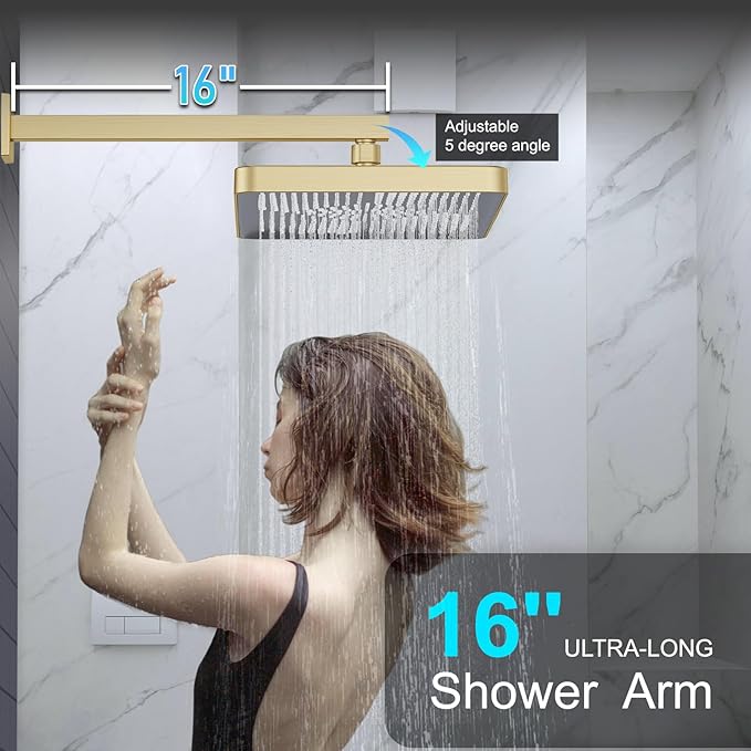 Shower System 13-Inch Rainfall Shower Head - 3 Setting Handheld Sprayer, Complete Bathroom Set with Faucet Mixer Trim Kit & Valve Brushed Gold