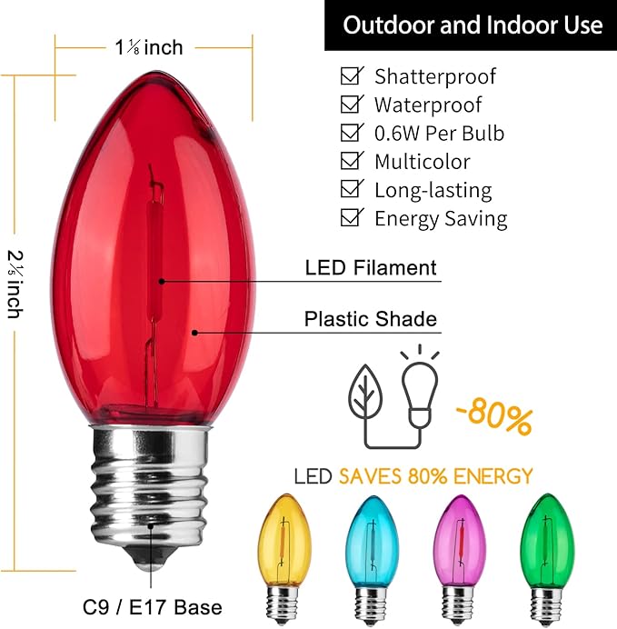 Brightown 50 Pack C9 LED Christmas Light Bulbs, Colored C9 Shatterproof LED Bulbs Replacement for Holiday String Lights, E17 Intermediate Base, Commercial Dimmable Bulbs