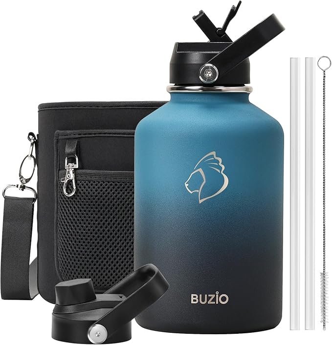 BUZIO 64 oz Insulated Water Bottle, Half Gallon Stainless Steel Water Jug with Straw Lid & Carrying Case, Keep Cold 48h Large Lead-Free Vacuum Metal Thermo Water Flask for sports Camp, Indigo Crush