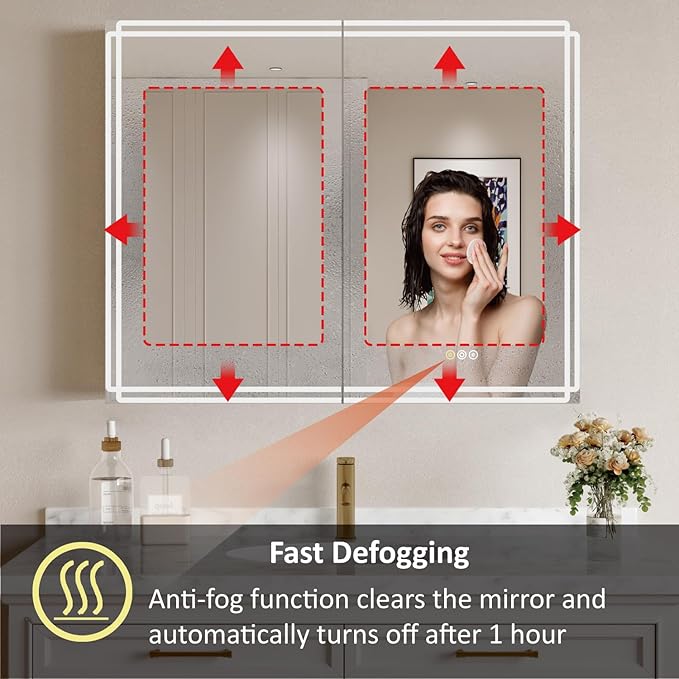 Buruis 32'' x 32'' Medicine Cabinet with Lights and Mirrors, Recessed or Wall Mounted Modern Bathroom Cabinet with 3-Mode Light, Anti-Fog, Dimmable, Memory Function, Outlet, Silver