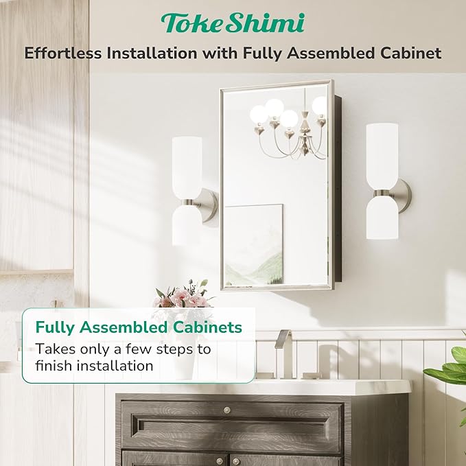 TokeShimi 26x30 Recessed or Surface Mounted Medicine Cabinet Mirror, Aluminum Framed Metal Mirror with Storage Adjustable, Brushed Nickel Bathroom Medicine Cabinet Mirrored Beveled Modern