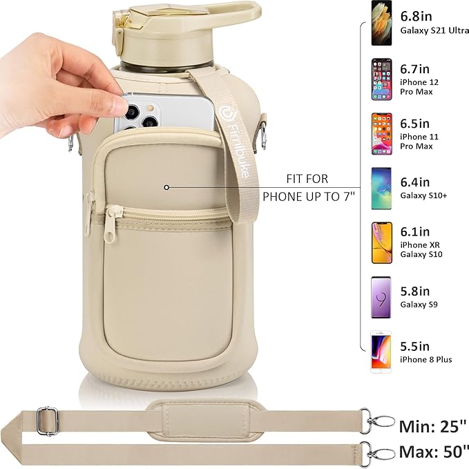 Fimibuke Half Gallon Water Bottle with Sleeve 64 OZ Water Bottle with Handle & Straw Leakproof Motivational Sports Gym Water Bottle with Time Marker BPA Free Water Jug with Reusable Neoprene Holder