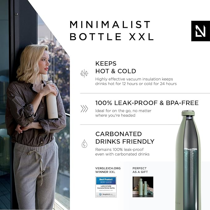 LARS NYSØM Stainless Steel Insulated XL Water Bottle 12oz 17oz 25oz 34oz 51oz | BPA-free Insulated Thermo Flask for Hot and Cold Beverages | Leakproof Large Drinking Bottle (Sage, 51oz)