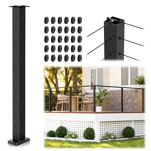 Economical 36" Corner Cable Railing Post, T-Drilled Three-Side Stainless Steel T304 Corner Rail Post, Upgraded Black One-Post Corner Solution, Wire Metal Post for Indoor Outdoor Corner Railing