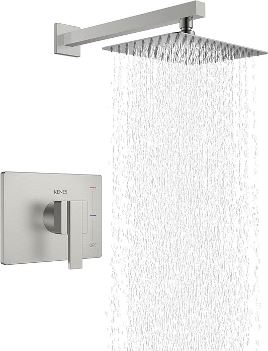 KENES Modern Brushed Nickel Shower Faucet, Square Shower Trim Kit with Single-Spray Shower Head, Shower Trim Systems Wall Mount, KE-6024B (Shower Valve Included)