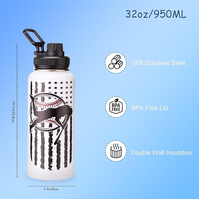 Cutiset 32 oz Baseball Water Bottle with Lids, Stainless Steel Leak Proof Sports Water Flask, Vacuum Metal Water Bottle,Baseball Player