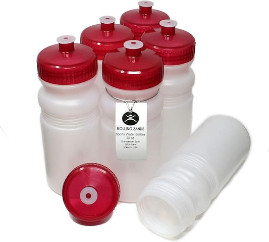 Rolling Sands 20 Ounce Sports Water Bottles 6 Pack, BPA-Free, Made In USA, Dishwasher Safe, Clear Frost Bottles/Red Lids
