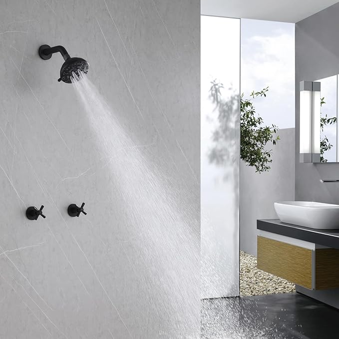 2 Handle Shower Faucet,Wall Mounted Two Handles Shower Faucet Set with 8 Modes Rainfall Shower Head,2 Knobs Single Function Shower Trim Kit with Rough-in Valve,Matte Black