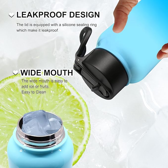 Insulated Water Bottles, 32oz Stainless Steel Water Bottle with Straw Lid,Handle Lid, Wide Mouth Double Walled Travel Sports Thermos Flask Water Bottle for Hiking, Fitness,Office