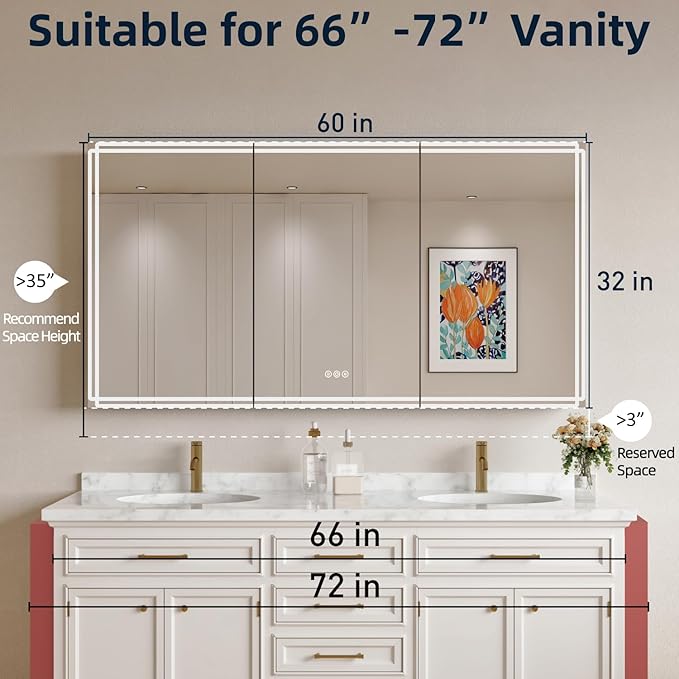 Buruis 60'' x 32'' Medicine Cabinet with Lights and Mirrors, Recessed or Wall Mounted Modern Bathroom Cabinet with 3-Mode Light, Anti-Fog, Dimmable, Memory Function, Outlet, Silver