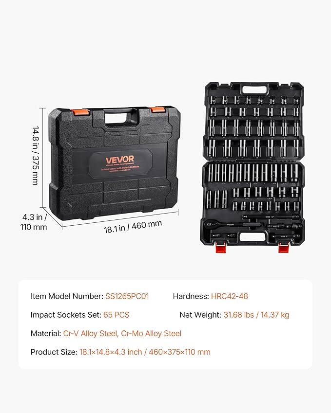 VEVOR 1/2" Drive Impact Socket Set, 65 Piece Socket Set SAE 3/8" to 1-1/4" and Metric 10-24mm, 6 Point Cr-V Alloy Steel for Auto Repair, Rugged Construction, Easy-to-Read Size Markings, Storage Case