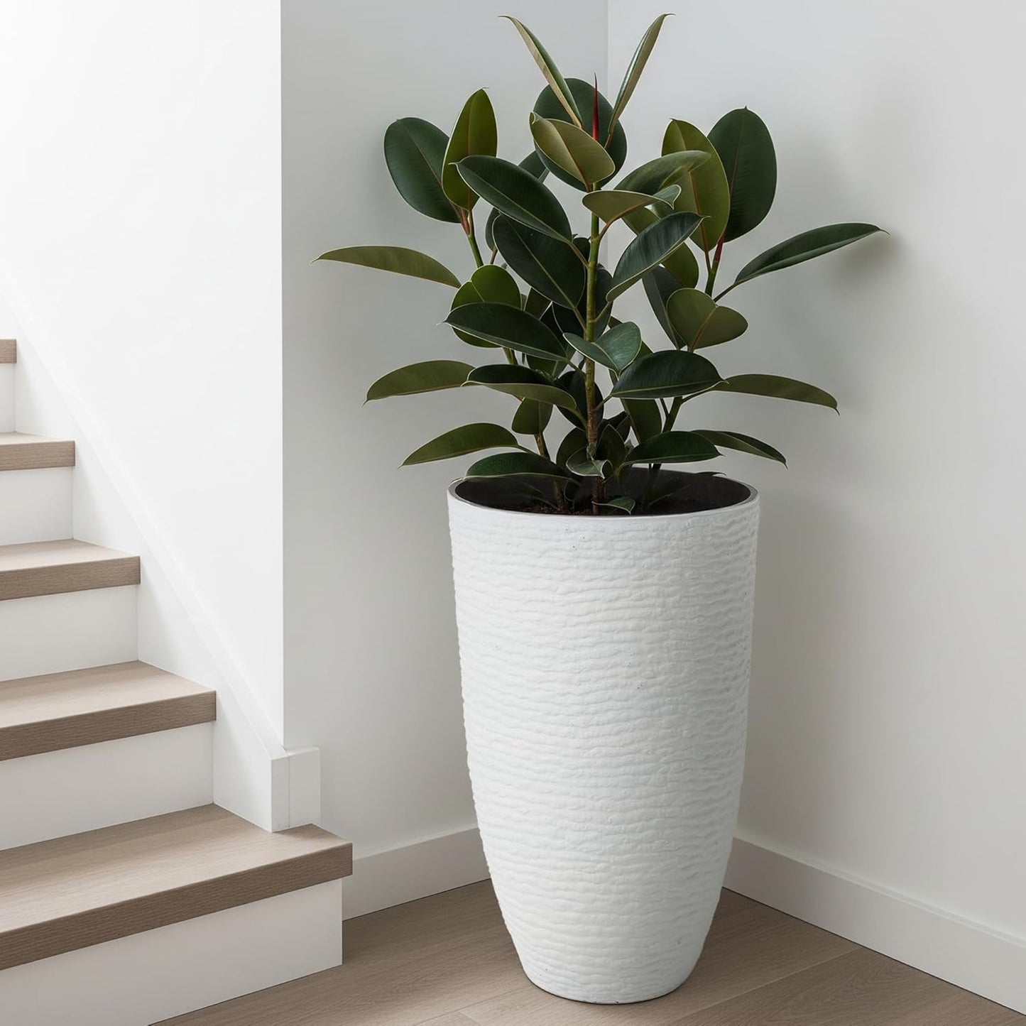 Worth Garden 2-Pack 21" H. White Tall Planters - 14'' Dia Resin Large Round Flower Pots for Outdoor Plants Trees - Imitation Stone Finish Plastic Indoor Front Porch 9 Gallon Decorative Container Patio