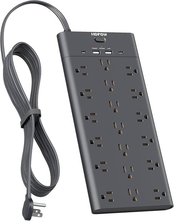 Power Strips with Surge Protection, HOPOW 6 Ft Flat Plug Power Strip Extension Cord with 19 Outlets and 4 USB Ports, 2100J Surge Protector, Wall Mount for Home, Office, Gaming Room, Dorm, Black
