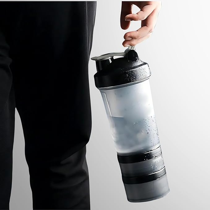 Protein Shaker Bottle with Storage Compartments | Pre-Workout, Protein, Supplements | 16.9 oz (500 ml) [Black]