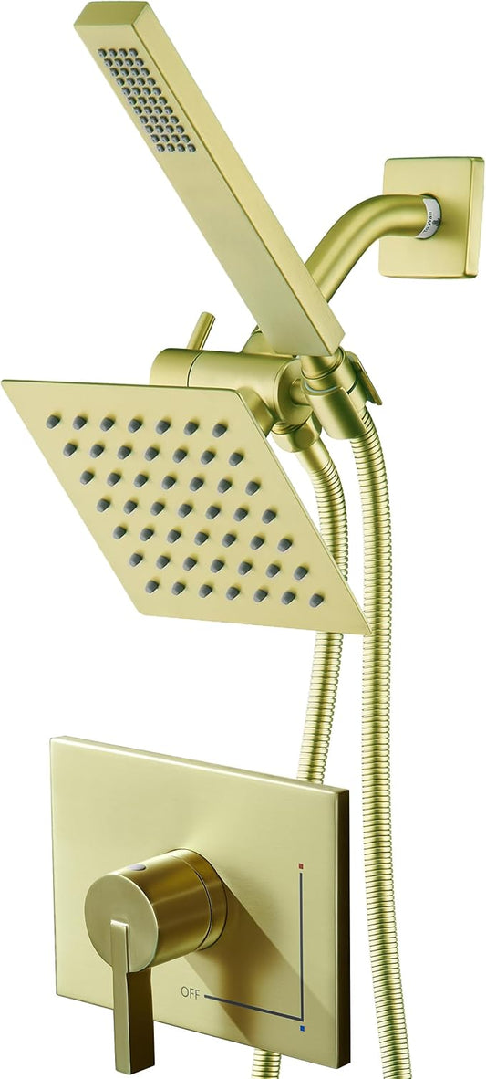 Brushed Gold Shower Fixtures, Shower Faucet Set Dual Shower Heads with Handheld Spray Combo, All Metal 6" Dual Shower Head Combo and 3-Way Diverter, Gold Shower Faucet Set with Valve