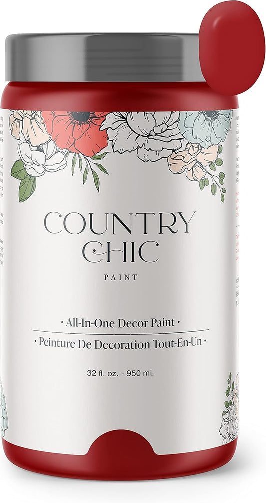 Country Chic All-in-One Chalk Paint for Furniture, Cabinets, Home Decor, Eco-Friendly, Matte Finish, Built-In Primer & Top Coat for Wood, Metal - Poppy (Bright Red) - Quart 32 oz (950 ml)