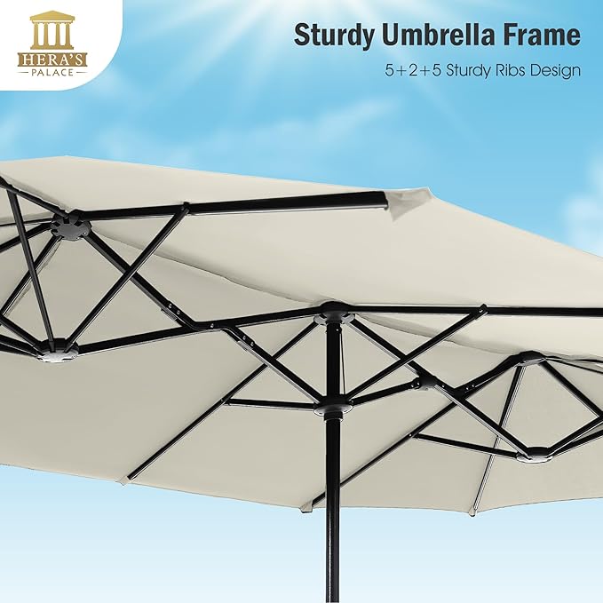 HERA'S PALACE 13 Ft Double-Sided Twin Patio Umbrella, Outdoor Double Sided Market Patio Umbrella with Crank, Powerful UV Protective (Ivory)