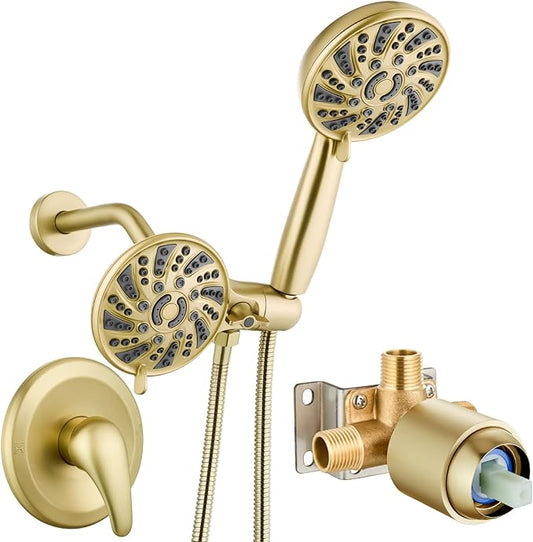 gotonovo Dual 2 in 1 Shower Head Kit High Pressure Combo System Shower Faucet 6 Modes ABS Handheld Spray Shower Trim Kit with Valve Shower Head and Handle Set Brushed Gold