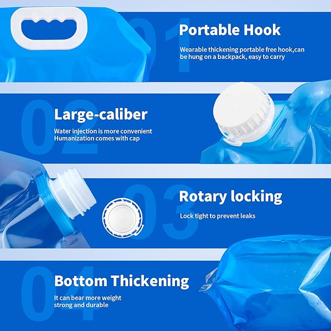 5 Pcs Collapsible Water Bottles Container Bag, 1.3 Gallon No-Leak Freezable Water Storage Bag, BPA Free Food Grade Plastic Storage Water Jug for Outdoors Camping Hiking Backpack Emergency