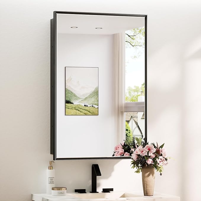 TokeShimi 24x36 Recessed Medicine Cabinet with Mirror Wall Mounted, Aluminum Alloy Black Mirrored Medicine Cabinet, Metal Beveled Mirror with Storage for Bathroom Vanity