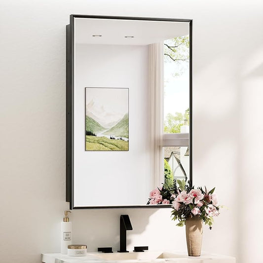 TokeShimi 24x36 Recessed Medicine Cabinet with Mirror Wall Mounted, Aluminum Alloy Black Mirrored Medicine Cabinet, Metal Beveled Mirror with Storage for Bathroom Vanity