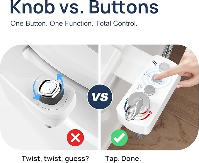Bidet Attachment for Toilet. Dual Nozzles with Feminine & Rear Wash, Hot and Cold Water, 3-Button Control, Adjustable Pressure & Temperature, Self-Cleaning Sprayeres, Easy Install by Yourself.